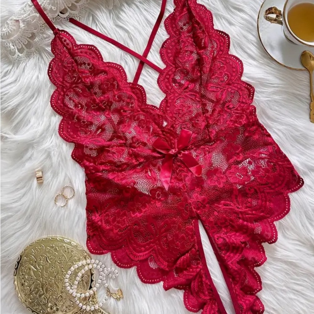 Red lace one piece open crouch